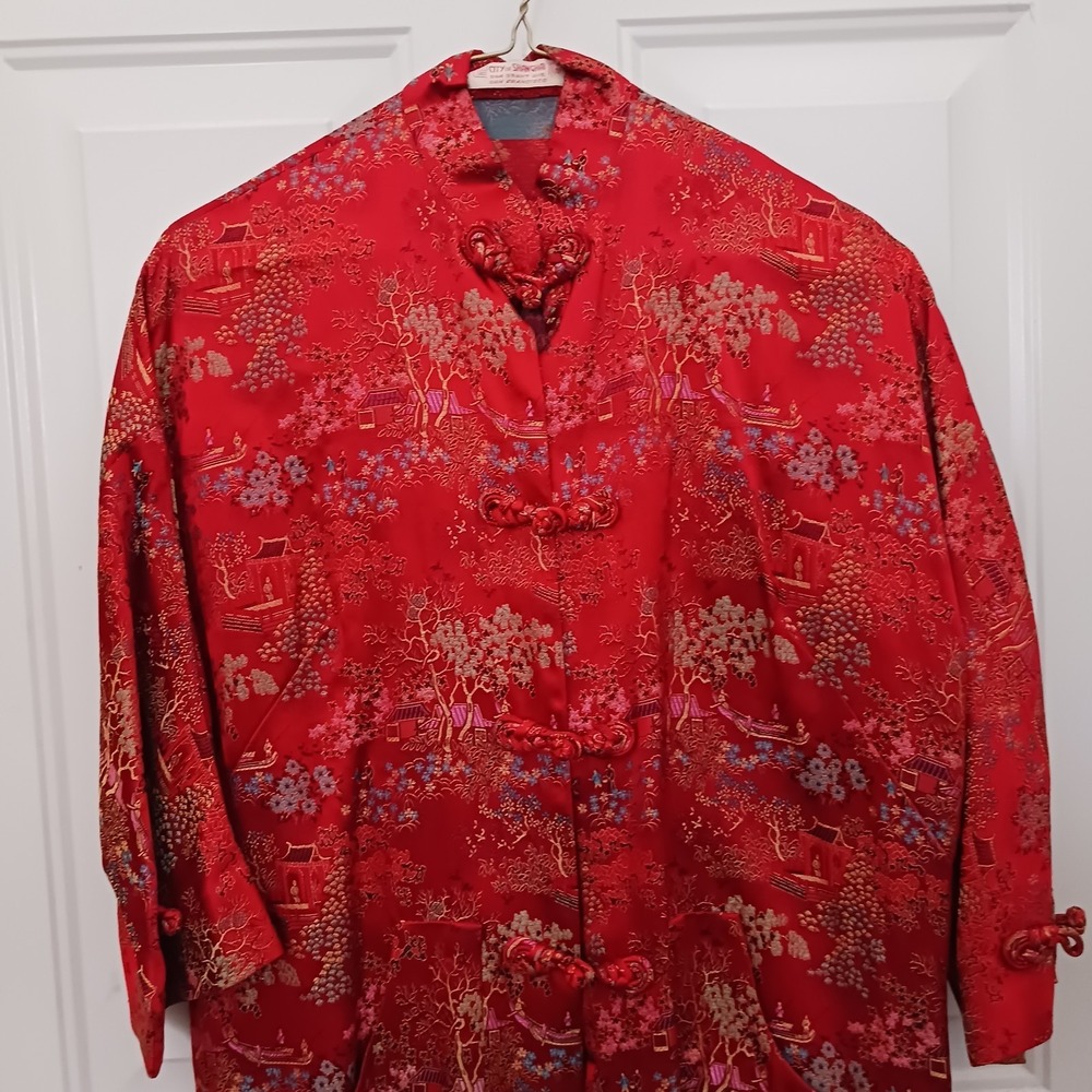Vintage City of Shanghai Orangish Red Floral Robe Kimono Embroidered Tree Pagoda